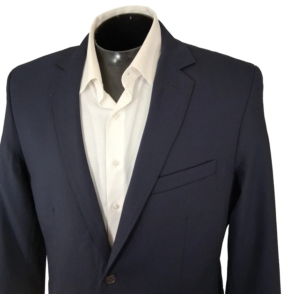 Lands End Blue Blazer 42R Traditional Fit Hopsack Wool Blend Double Vent Modern